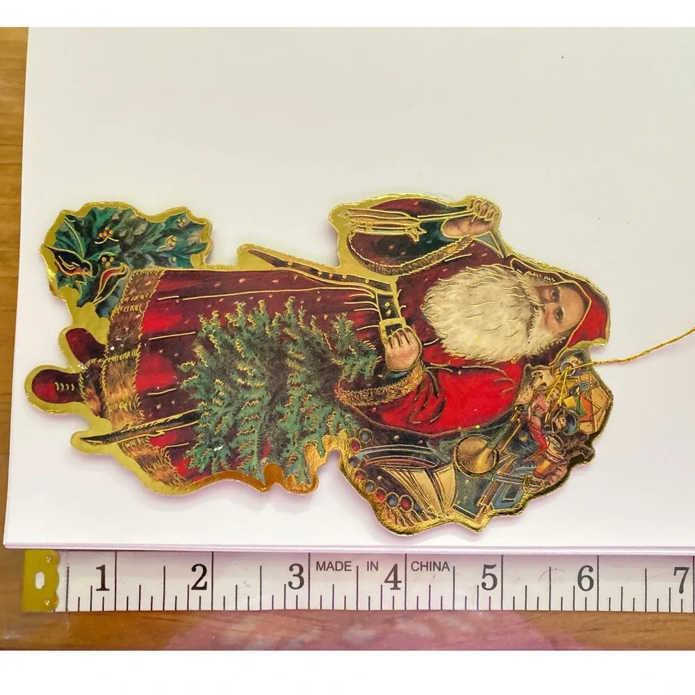 Vintage Style Die Cut‎ Cardboard Santa Claus Christmas Ornaments Gold Foil Set 2